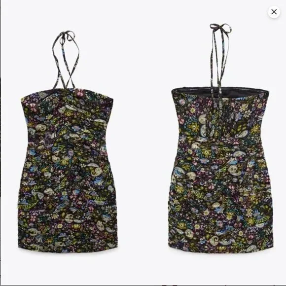 Zara Ruched Floral Tie Up Bodycon Mini Dress Size M NEW WITH TAG! - Picture 4 of 7